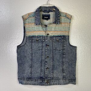 Carbon Jean Vest Womens‎ Sz L Distressed Blue Denim  sleeve lest Button up Aztec